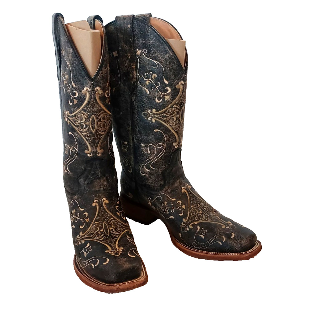Circle G Women's Embroidery Crackle Leather Snip Toe Boots Size 7.5 NIB Gray